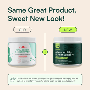 Comparison of old and new packaging for Wuffes Advanced Hip & Joint Support. The left side shows the old packaging with a white and green label design while the right side displays the new packaging with a dark green design. The text above reads 'Same Great Product, Sweet New Look!' Below the images, a note says, 'To be kind to our planet, you might still get our original packaging until we run out of inventory. Thanks for joining us on our eco-friendly journey!'