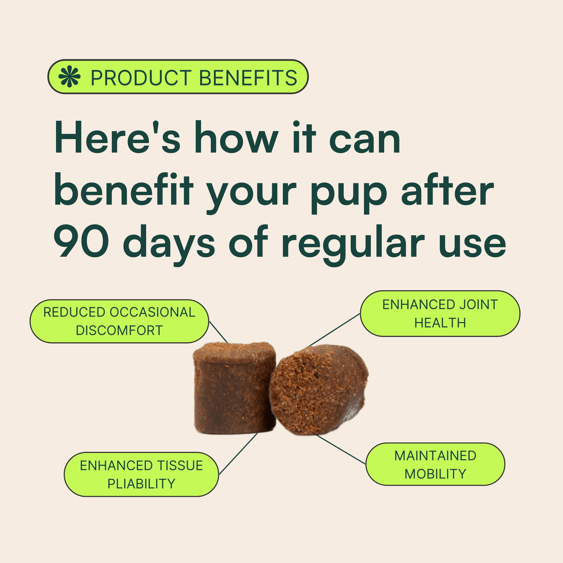 Image displaying the benefits of a dog supplement after 90 days of regular use. The headline reads, 'Here's how it can benefit your pup after 90 days of regular use.' Four benefits are shown around the central image of two chews: 'Reduced Occasional Discomfort,' 'Enhanced Joint Health,' 'Enhanced Tissue Pliability,' and 'Maintained Mobility.' The 'Product Benefits' section is highlighted with a green icon at the top.