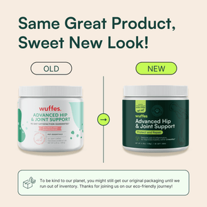 Comparison of old and new packaging for Wuffes Advanced Hip & Joint Support. The left side shows the old packaging with a white and green label, while the right side displays the new packaging with a dark green label. The text above reads 'Same Great Product, Sweet New Look!' Below the images, a note says, 'To be kind to our planet, you might still get our original packaging until we run out of inventory. Thanks for joining us on our eco-friendly journey!'