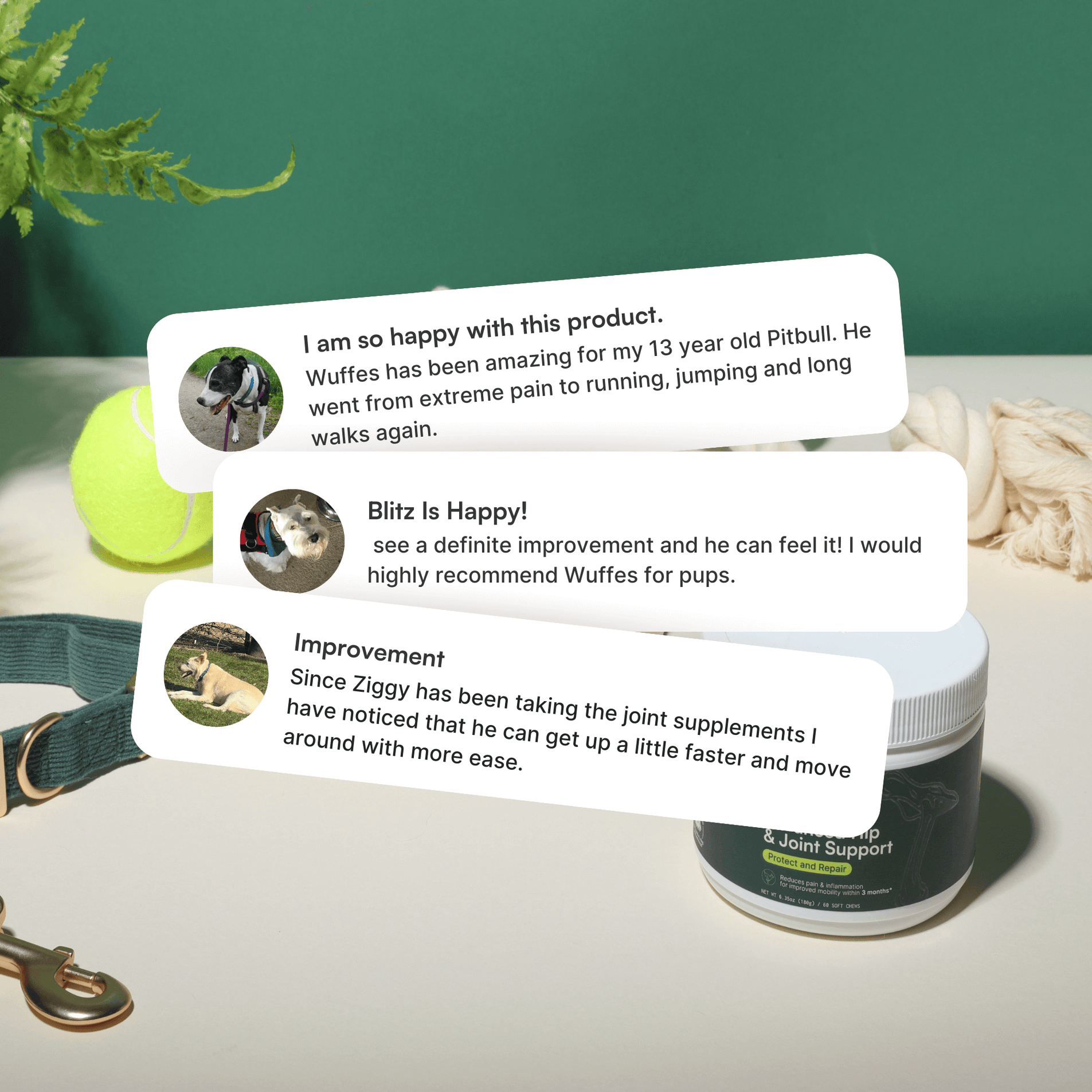 Three customer testimonials for Wuffes Advanced Hip & Joint Support. The reviews highlight improvements in dogs' mobility and overall health. In the background, there is a tennis ball, a dog leash, a rope toy, and a container of Wuffes Advanced Hip & Joint Support.