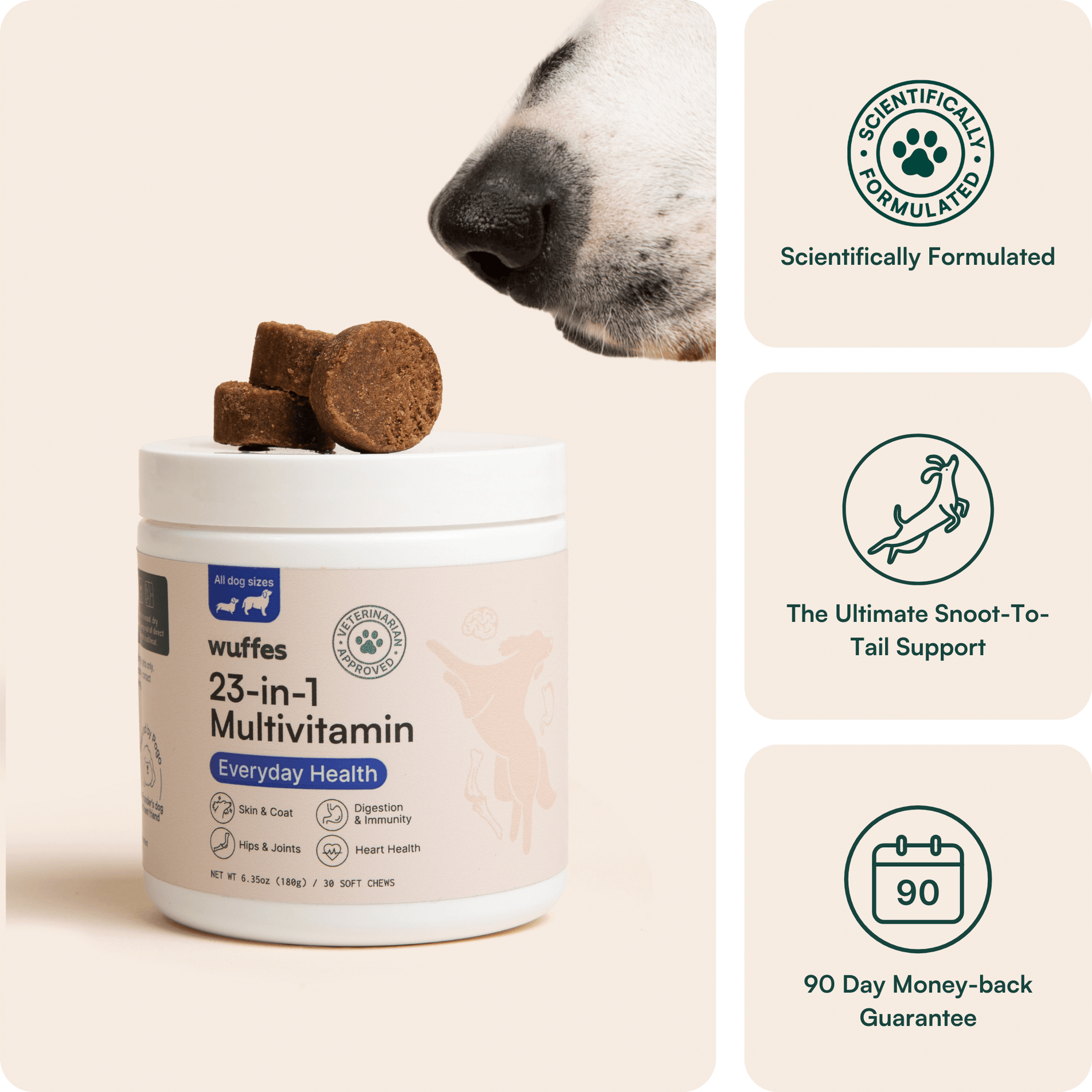 Image of Wuffes 23-in-1 Multivitamin for Everyday Health for dogs. The product container is labeled with benefits including skin & coat, hips & joints, digestion & immunity, and heart health. Three chews rest on top of the container, and a dog’s nose is visible in the background, sniffing the chews. To the right are three icons with text: 'Scientifically Formulated,' 'The Ultimate Snoot-To-Tail Support,' and '90 Day Money-back Guarantee.