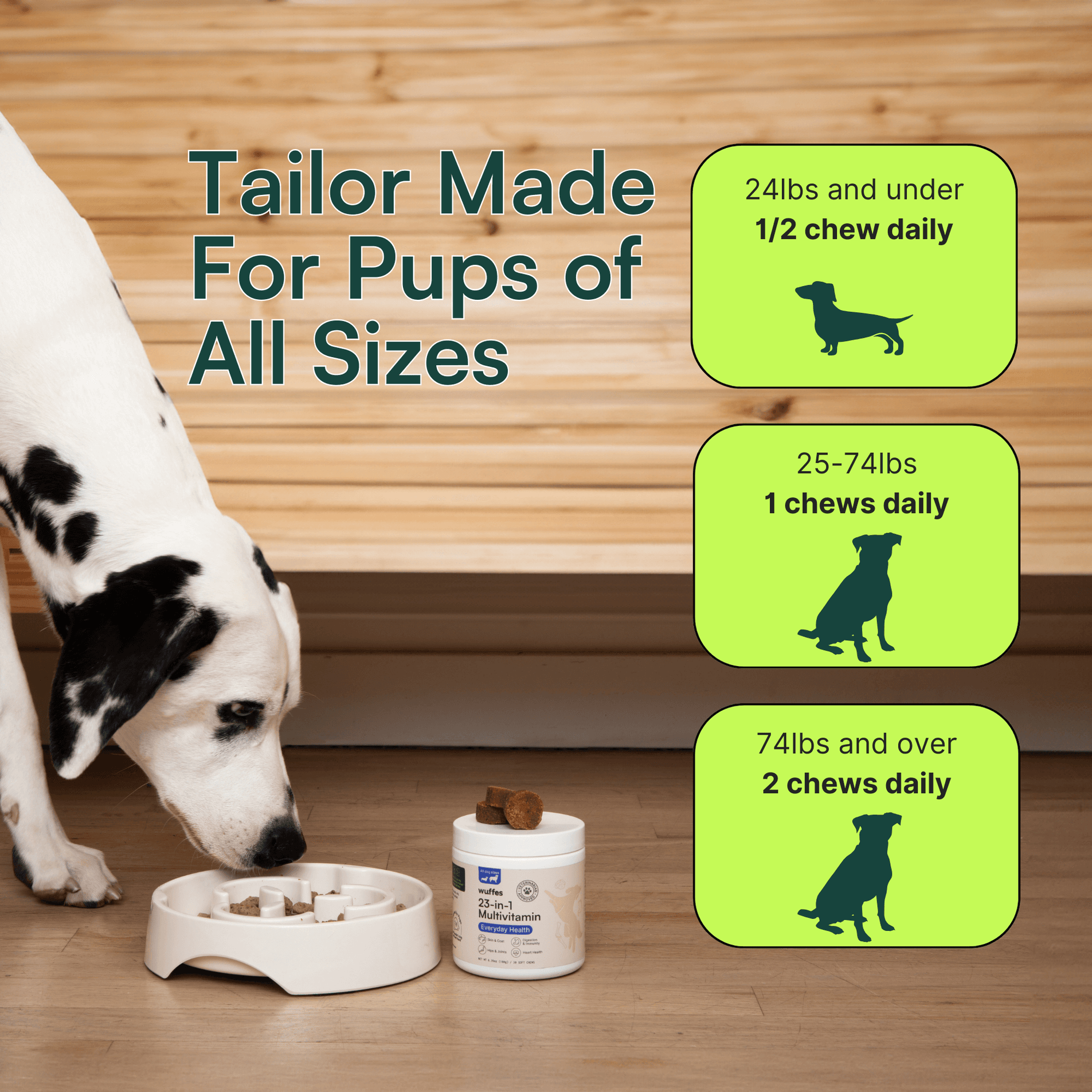 Image of a Dalmatian dog sniffing a feeding bowl next to a container of Wuffes 23-in-1 Multivitamin. The text on the left reads 'Tailor Made For Pups of All Sizes.' On the right, there are three dosage recommendations: '24lbs and under, 1/2 chew daily' with a small dog silhouette, '25-74lbs, 1 chew daily' with a medium dog silhouette, and '74lbs and over, 2 chews daily' with a large dog silhouette.